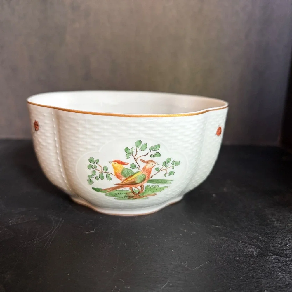 Schumann Dresden Porcelain Bird & Butterfly Basketweave Bowl A5742 31 Gold Rim